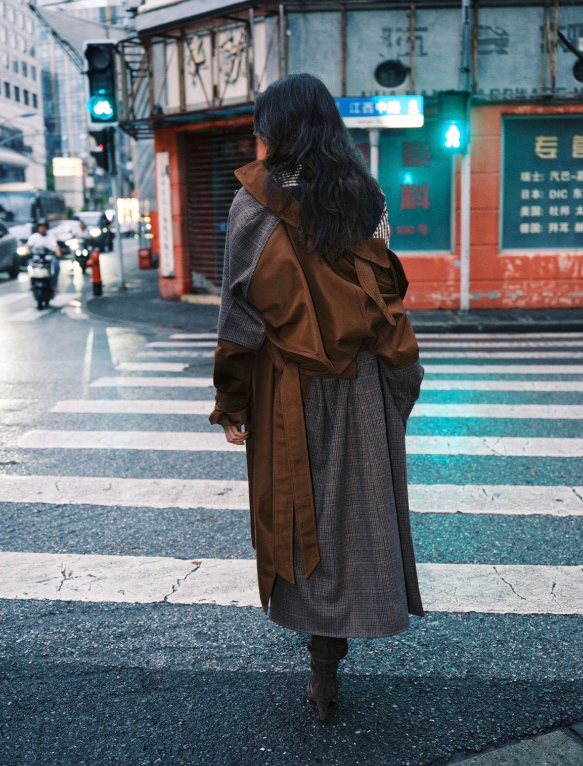 Essentiel Antwerp Brown and Tweed Colour Block Trench Coat