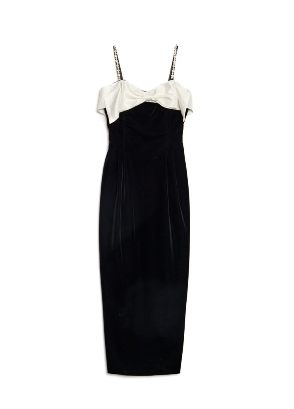 Sister Jane Black Velvet Midi Dress with White Bow & Embellished Straps