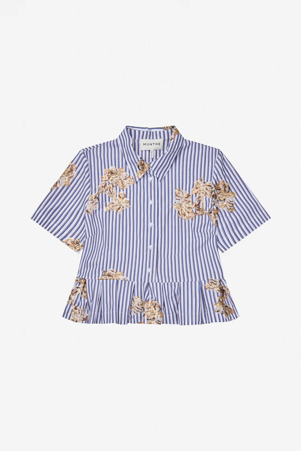 MUNTHE NURIANA White Striped Shirt with Peplum & Sequin Embellishment