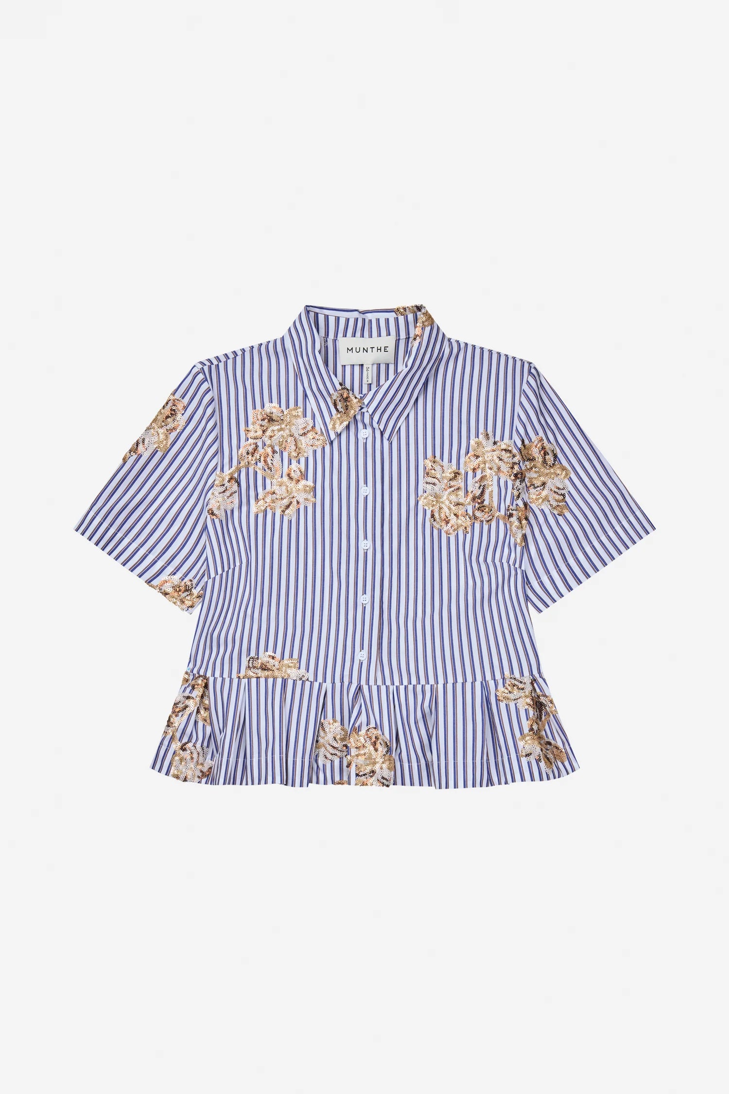 MUNTHE NURIANA White Striped Shirt with Peplum & Sequin Embellishment