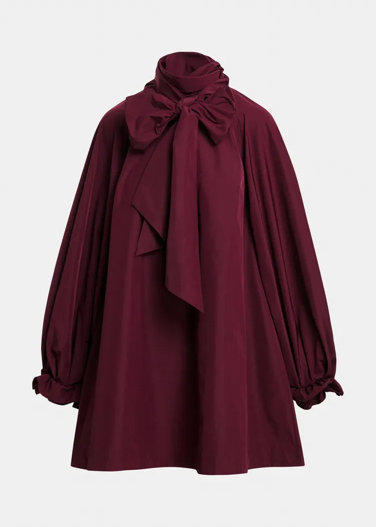 Essentiel Antwerp Oversized Burgundy Pussybow Mini Dress with Voluminous Sleeves