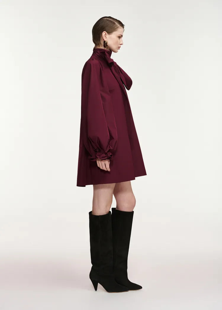 Essentiel Antwerp Oversized Burgundy Pussybow Mini Dress with Voluminous Sleeves