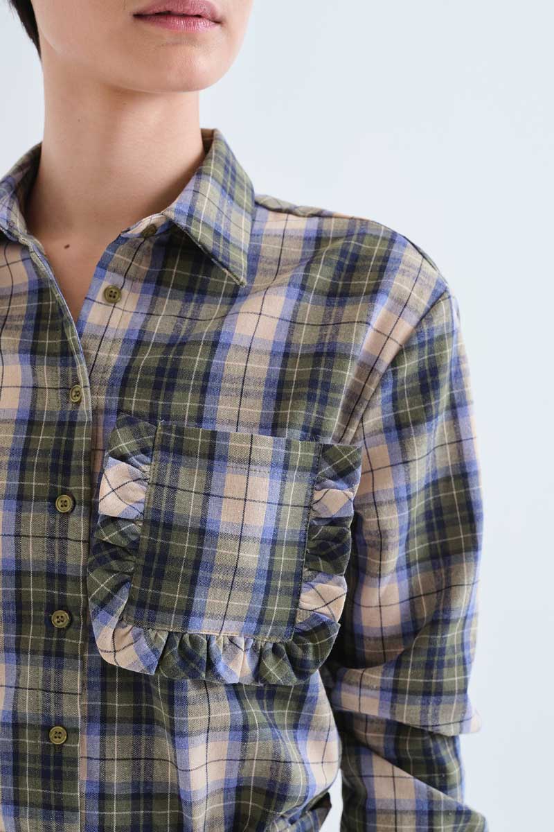 Compañia Fantástica Blue Green Cream Plaid Shirt with Ruffle Detail on Front Pocket