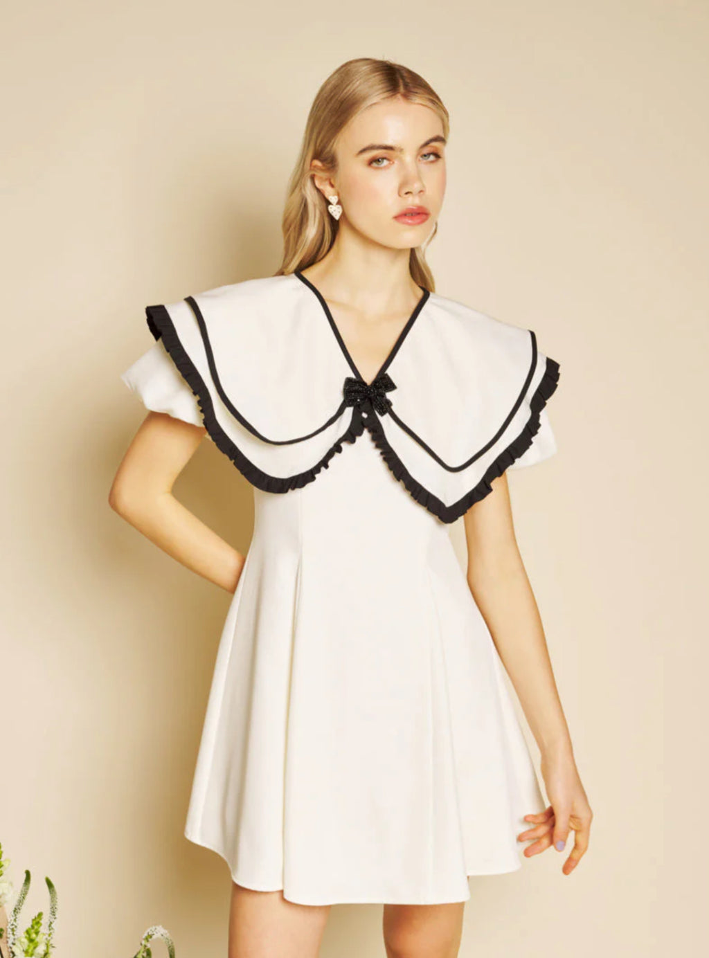 Sister Jane Ivory Flare Mini Dress with Black Trim Collar