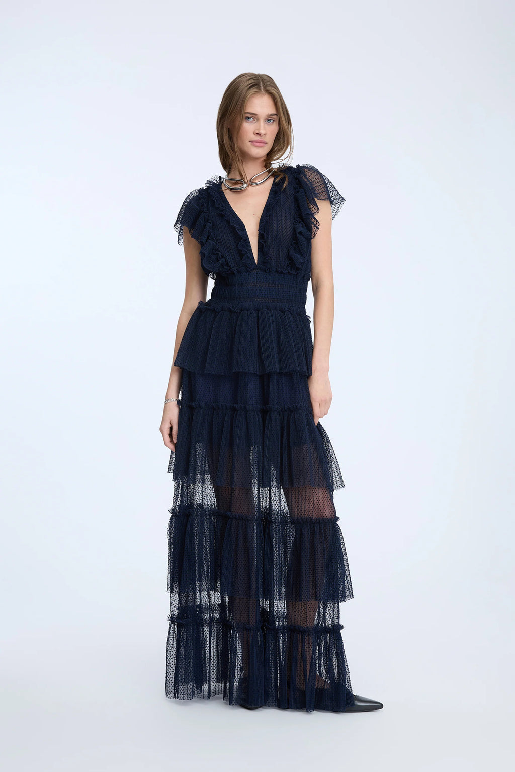 MUNTHE NORIZ Navy Tulle Maxi Dress with V-Neck