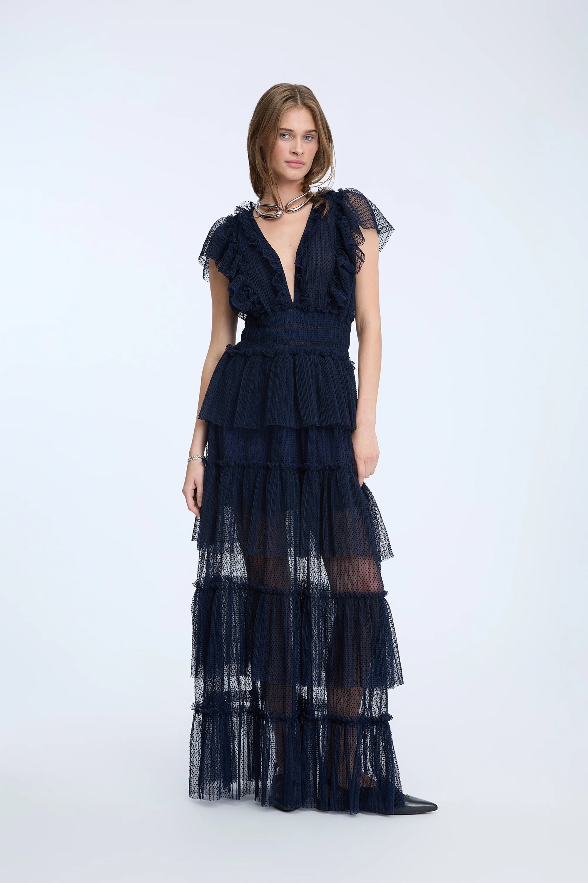 MUNTHE NORIZ Navy Tulle Maxi Dress with V-Neck
