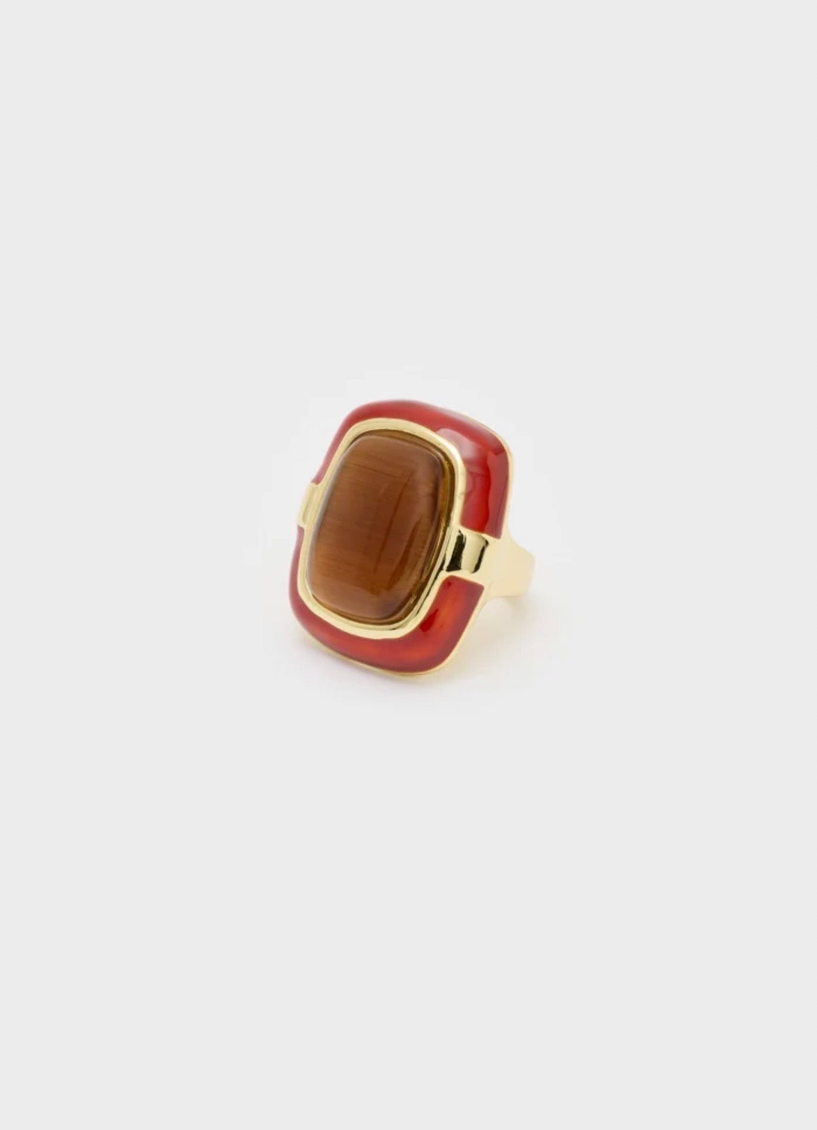 NALI Chunky Gold Burgundy Enamel Ring with Tigers Eye