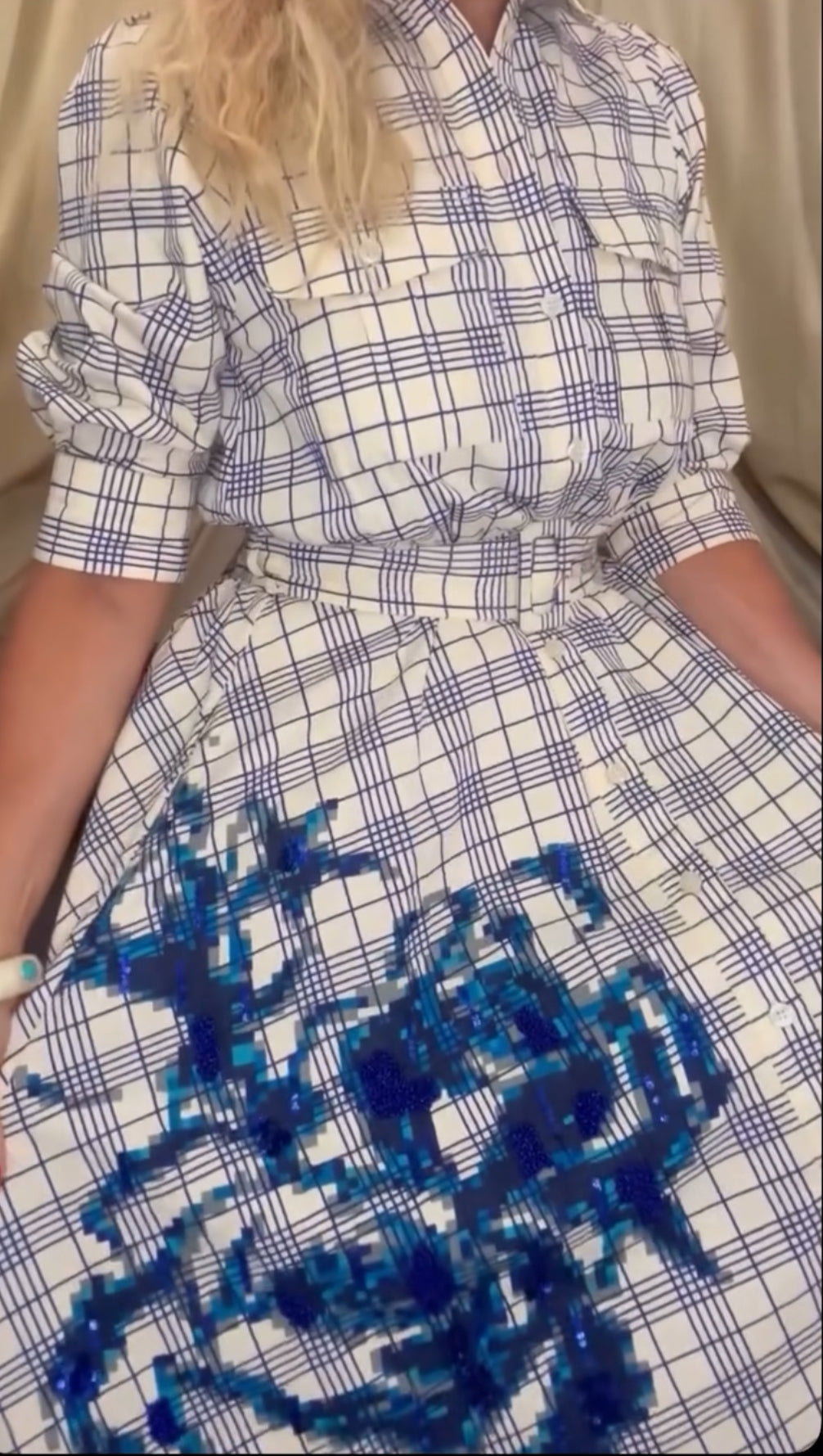 Essentiel Antwerp Ivory & Navy Check Belted Shirt Dress