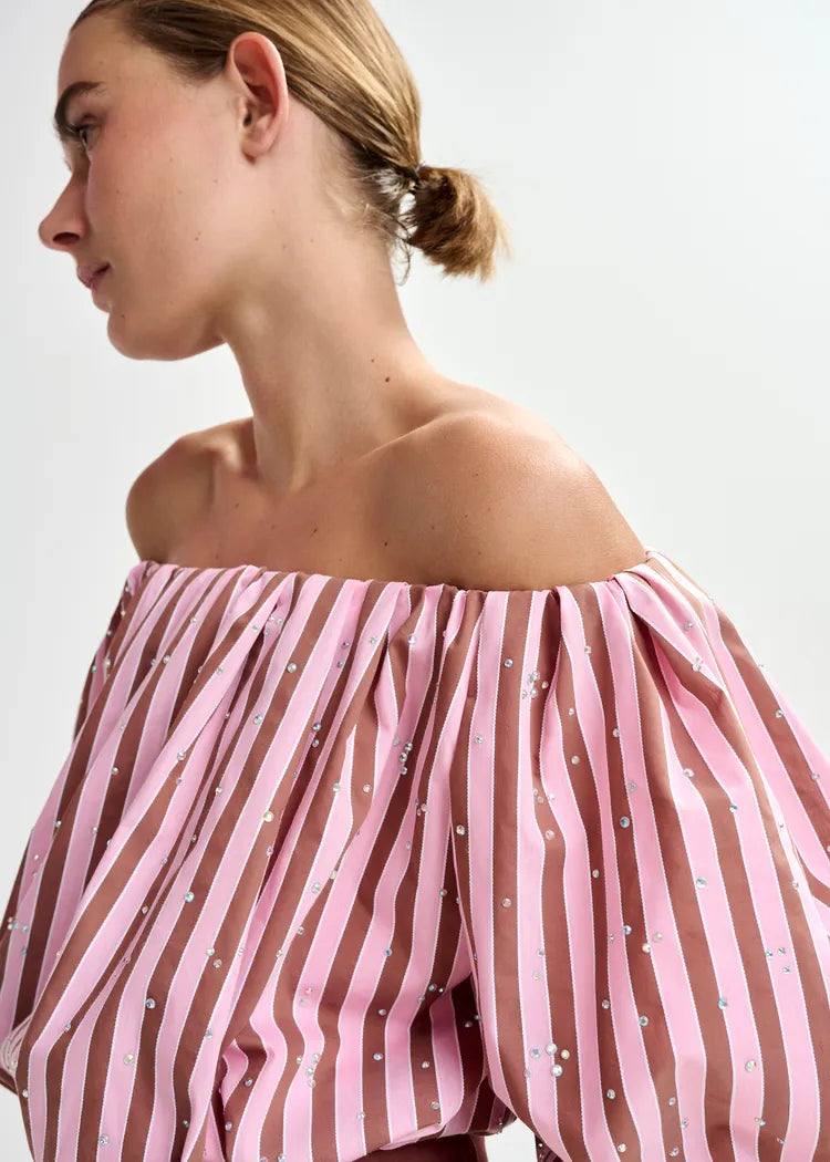 Essentiel Antwerp Pink & Brown Striped Off-the-Shoulder Bodysuit with Diamante Embellishments