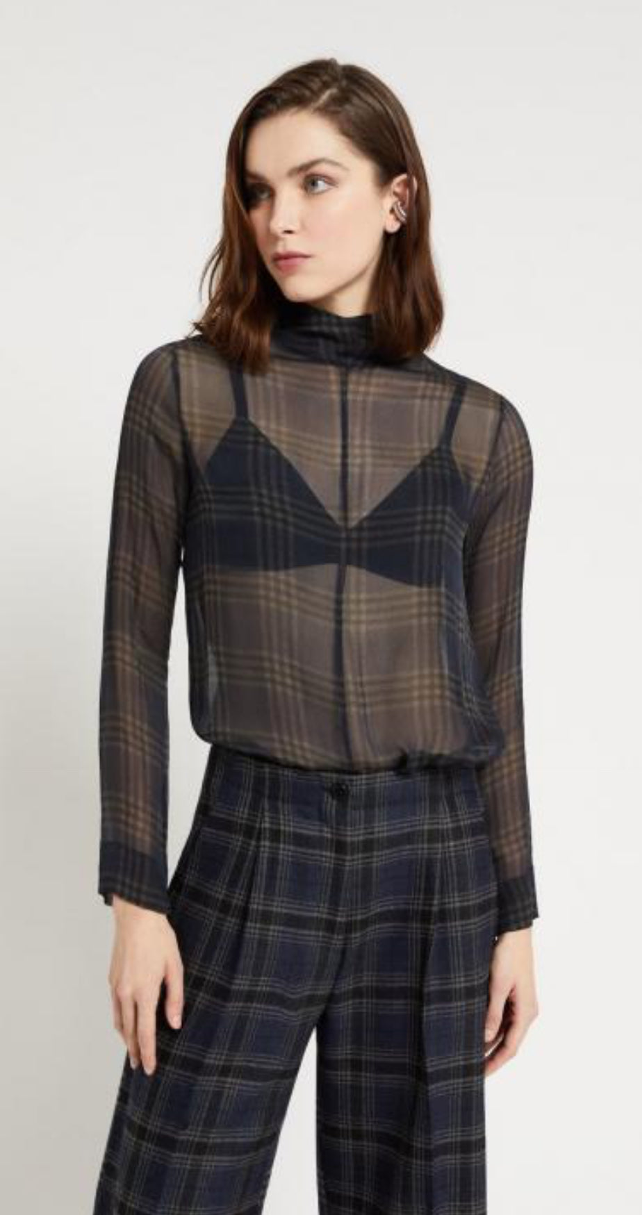 Ottod’Ame Navy Tartan Silk Chiffon  Blouse