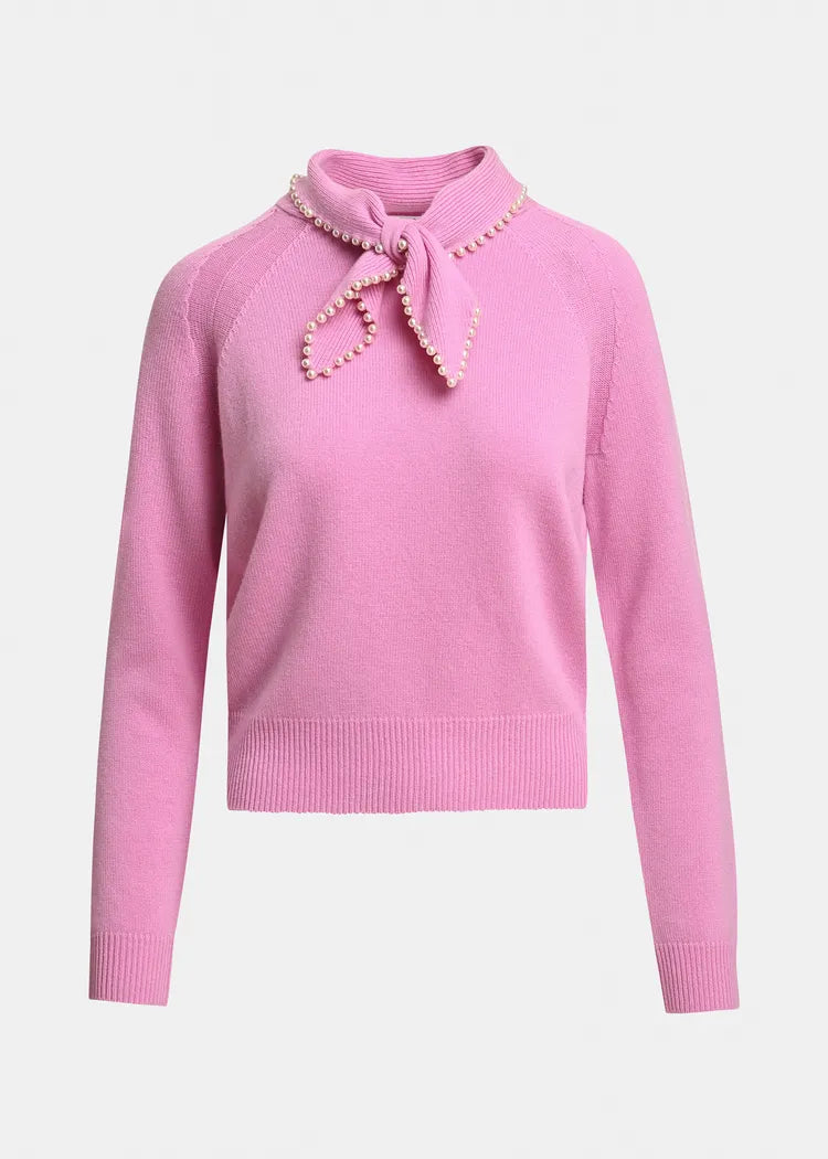 Essentiel Antwerp Pink Wool-Cashmere Jumper with Pearl-Embellished Bow Collar