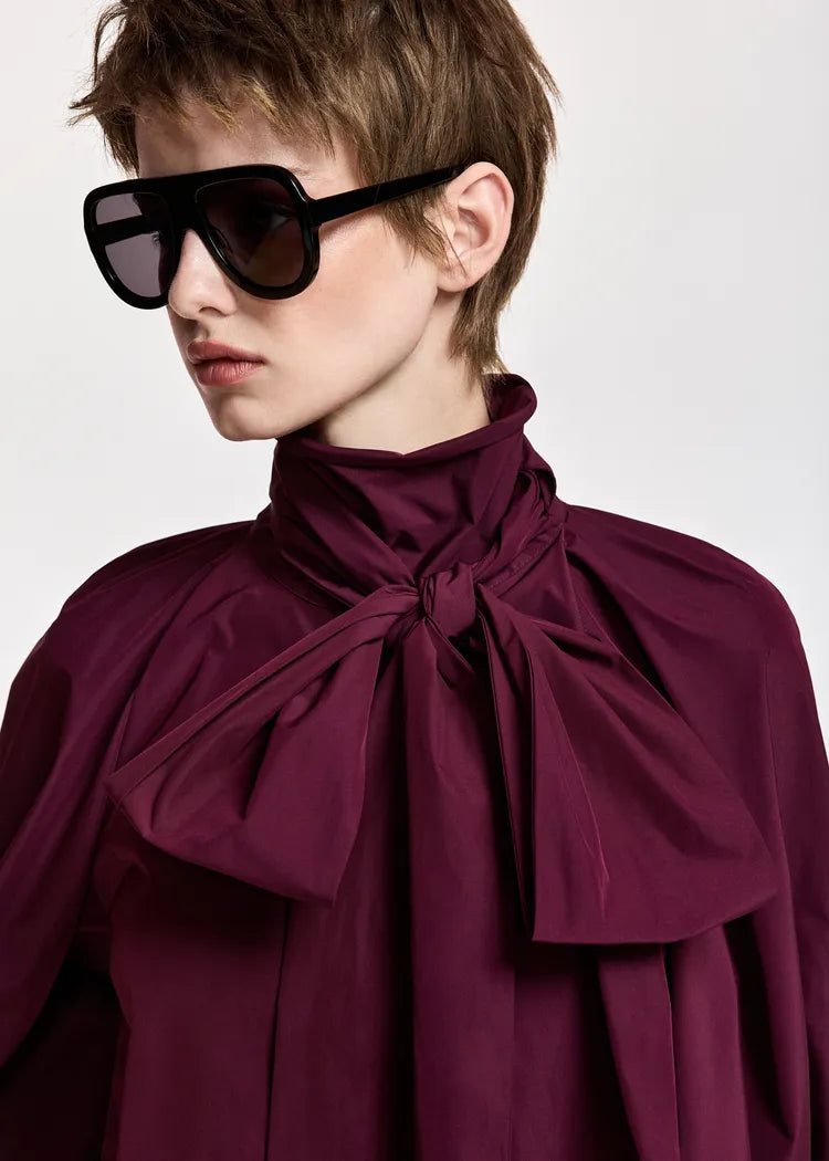 Essentiel Antwerp Burgunday Pussybow Top with Voluminous Sleeves