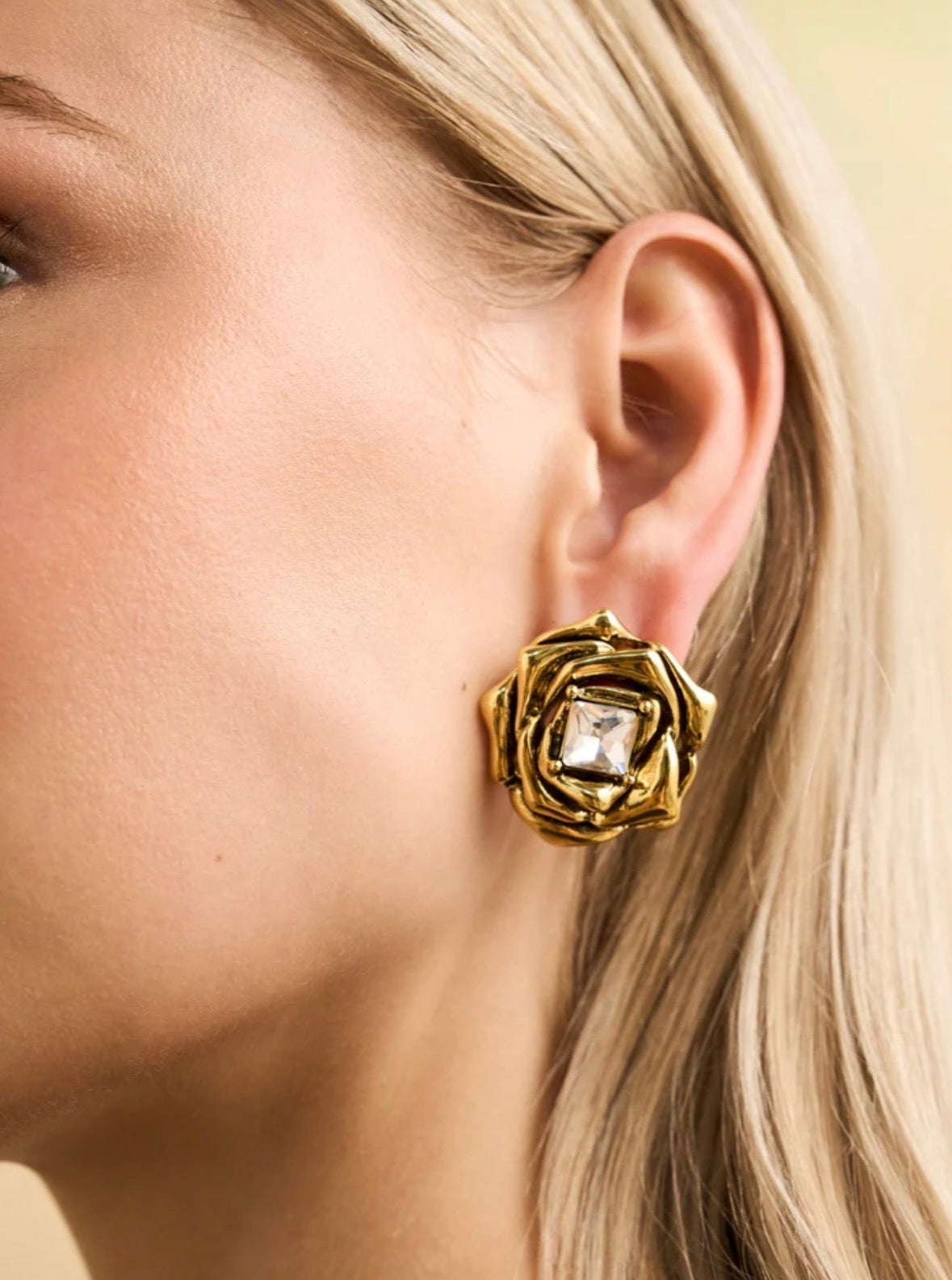 NALI Gold Rose Shaped Earrings with Crystal Centre