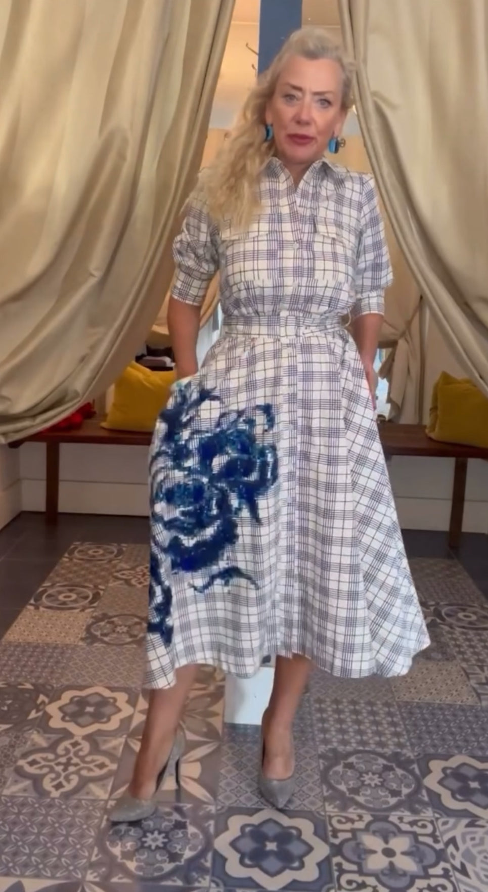 Essentiel Antwerp Ivory & Navy Check Belted Shirt Dress
