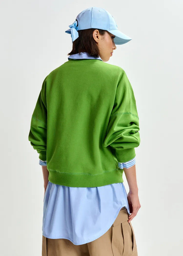 Essentiel Antwerp Green Cotton Sweatshirt with Floral Sequin Embroidery
