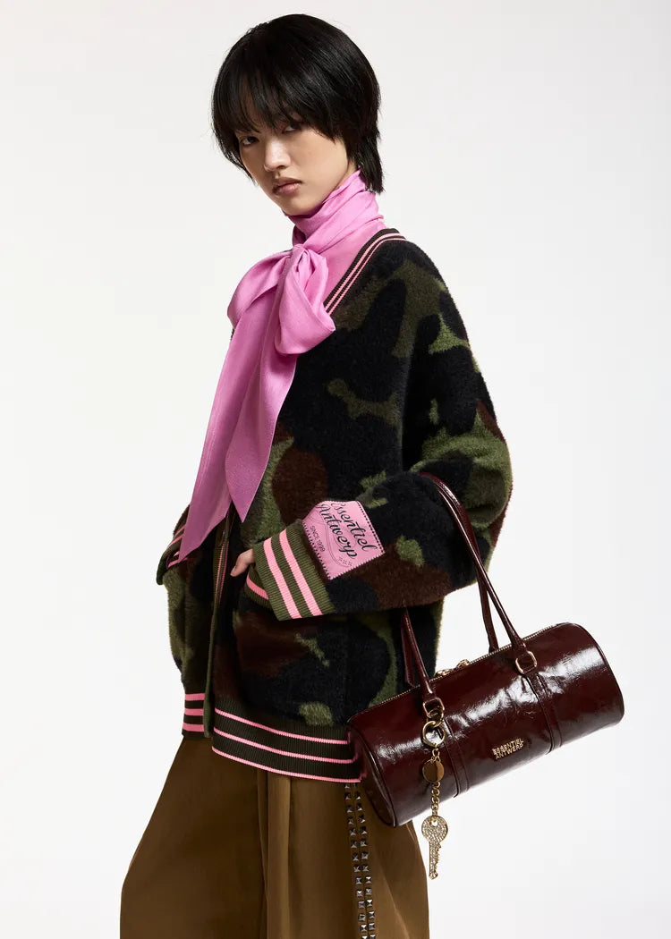 Essentiel Antwerp Khaki Camo Jacquard Cardigan with Pink Striped Trims