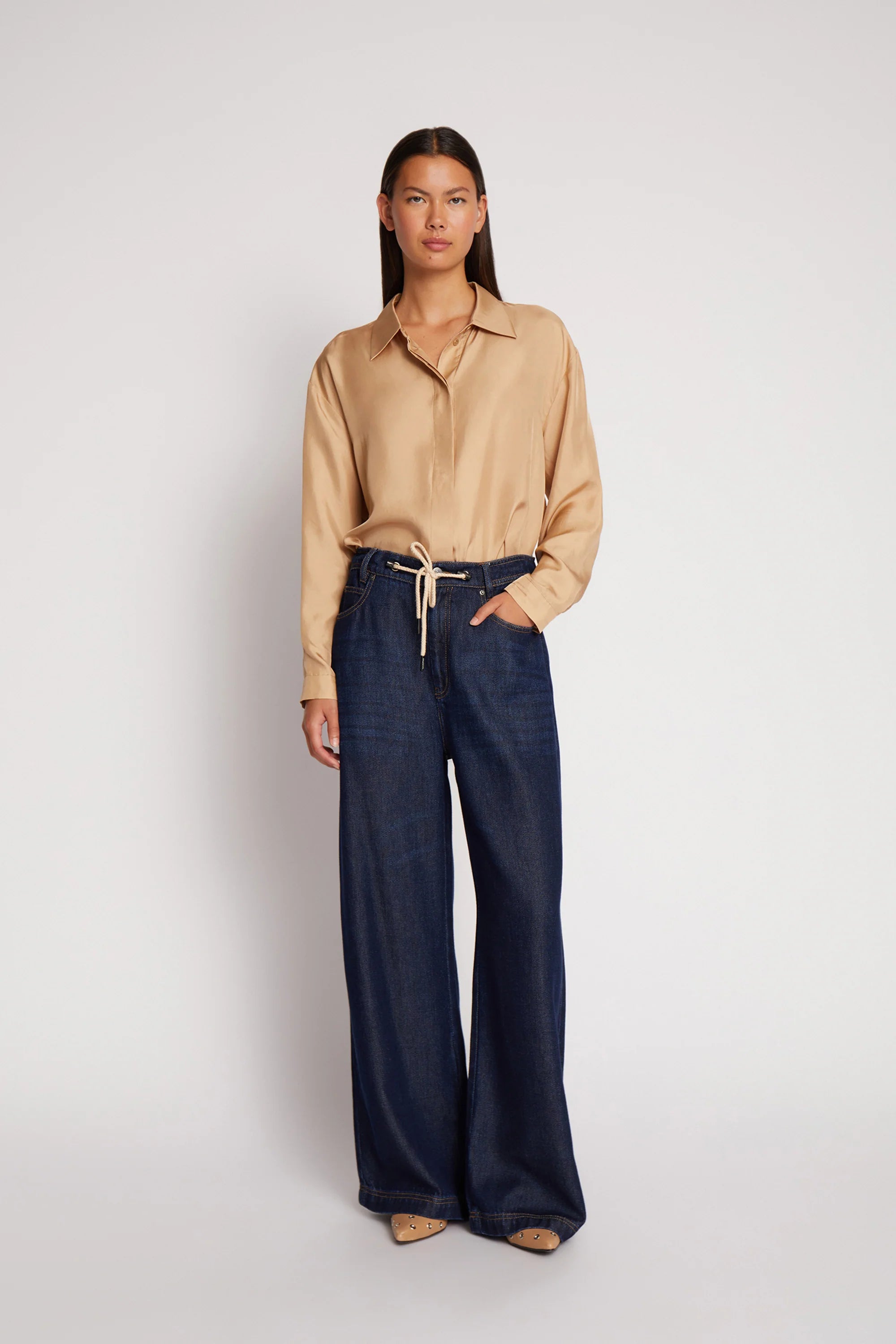 MUNTHE OBEY Indigo Blue Wide Leg Jeans with Tie Waist