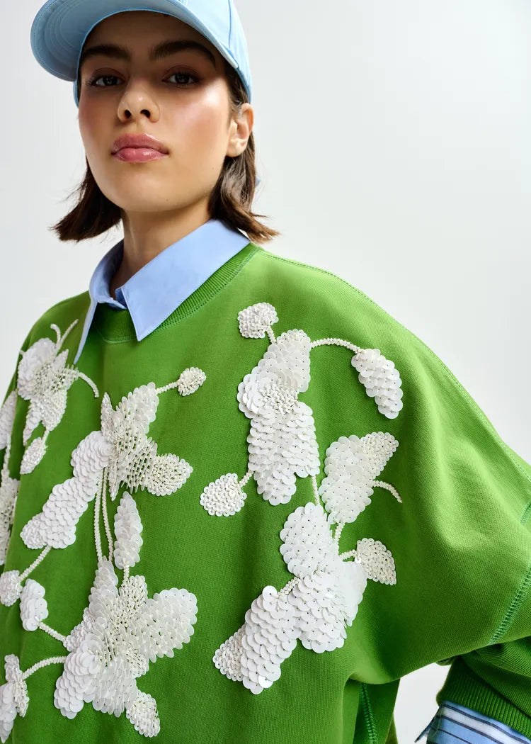 Essentiel Antwerp Green Cotton Sweatshirt with Floral Sequin Embroidery