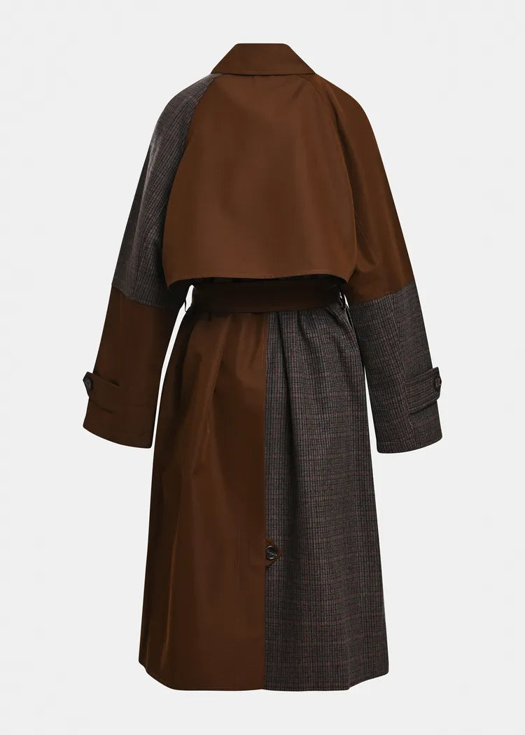 Essentiel Antwerp Brown and Tweed Colour Block Trench Coat