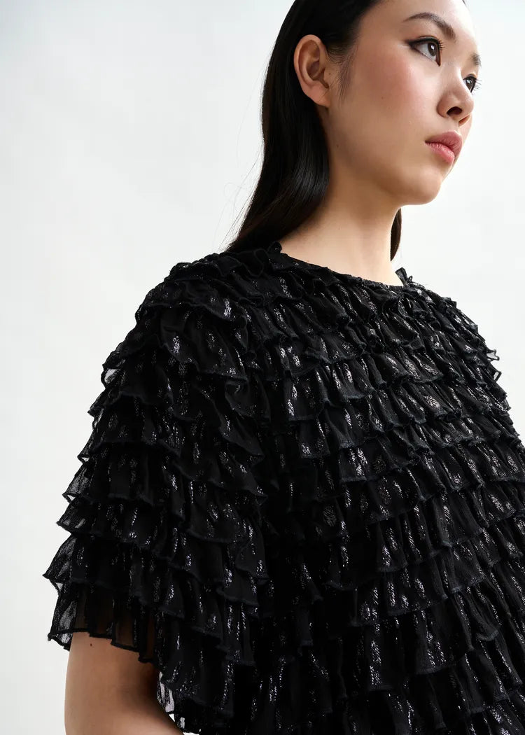 Essentiel Antwerp Black Ruffled Mini Dress with Train