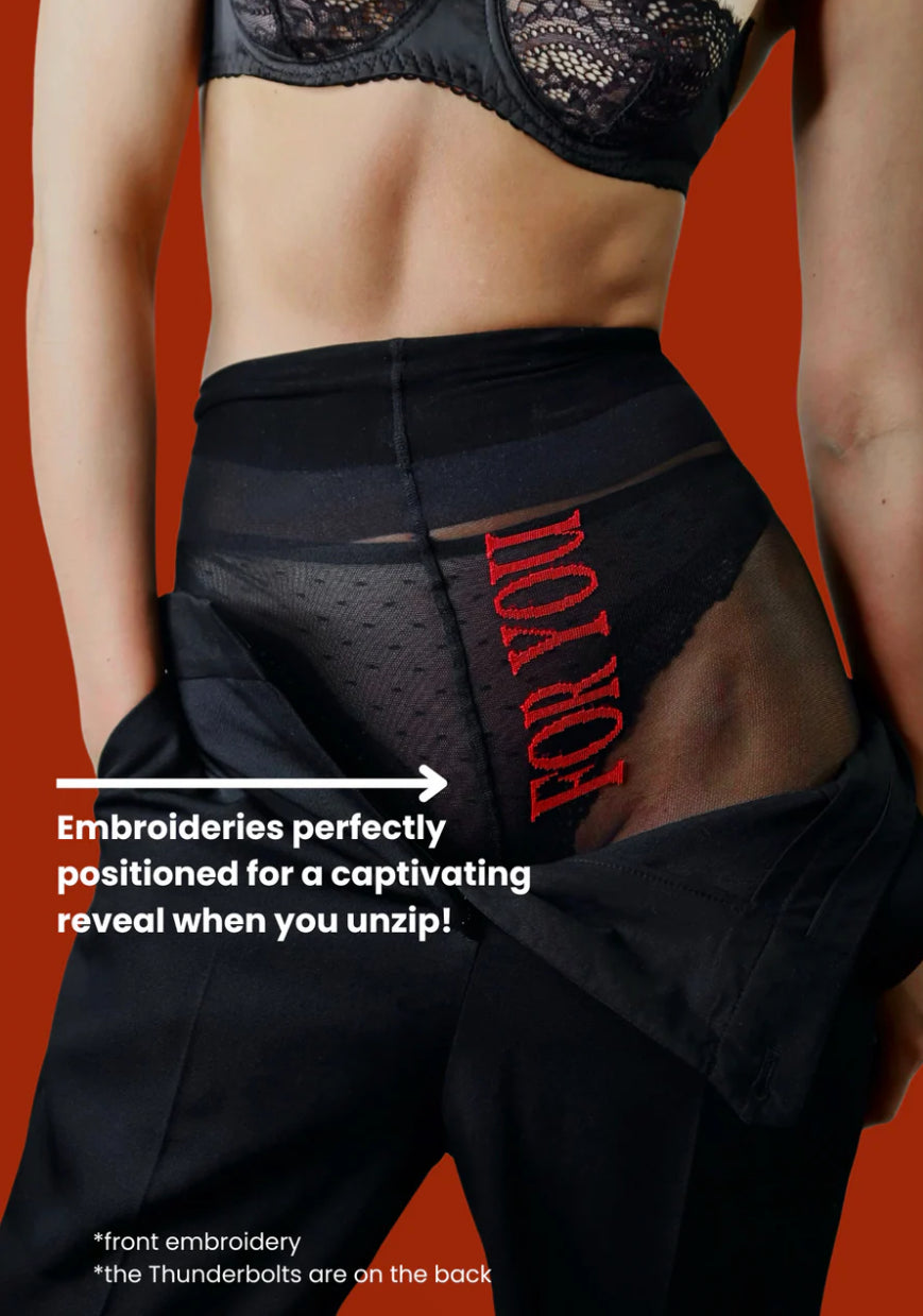 Betty Tights in Sheer Black with Hidden Thunderbolt Design