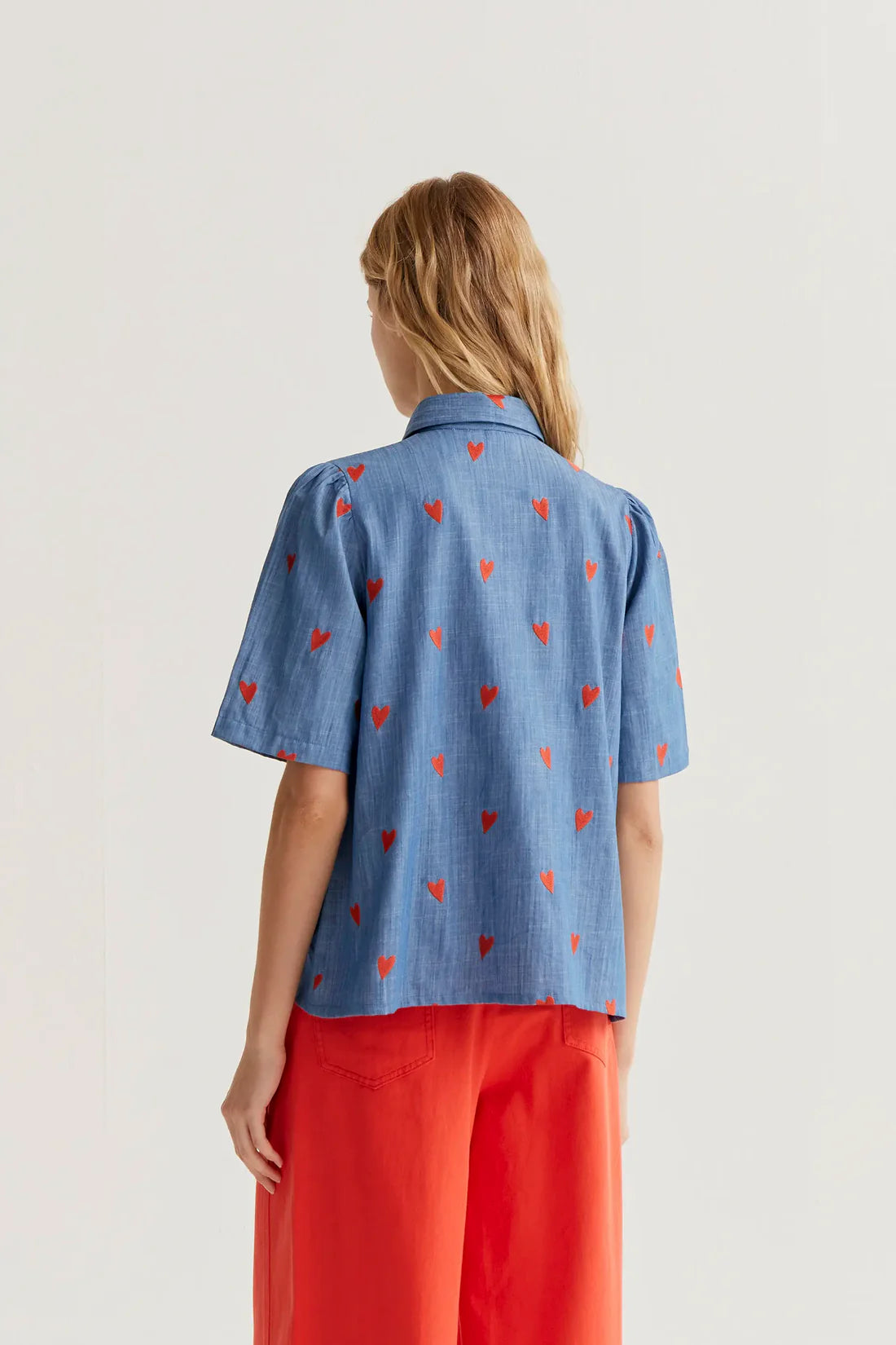 Compañía Fantástica Blue Denim Cotton Shirt with Embroidered Hearts