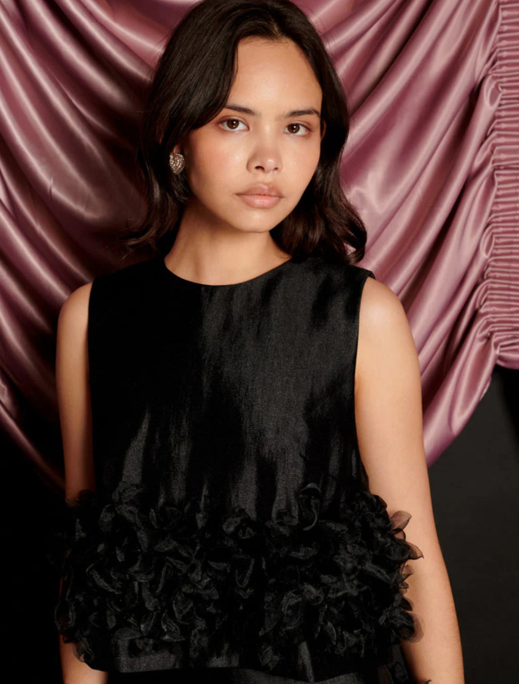 Sister Jane Black Organza Top with Embellished Hemline