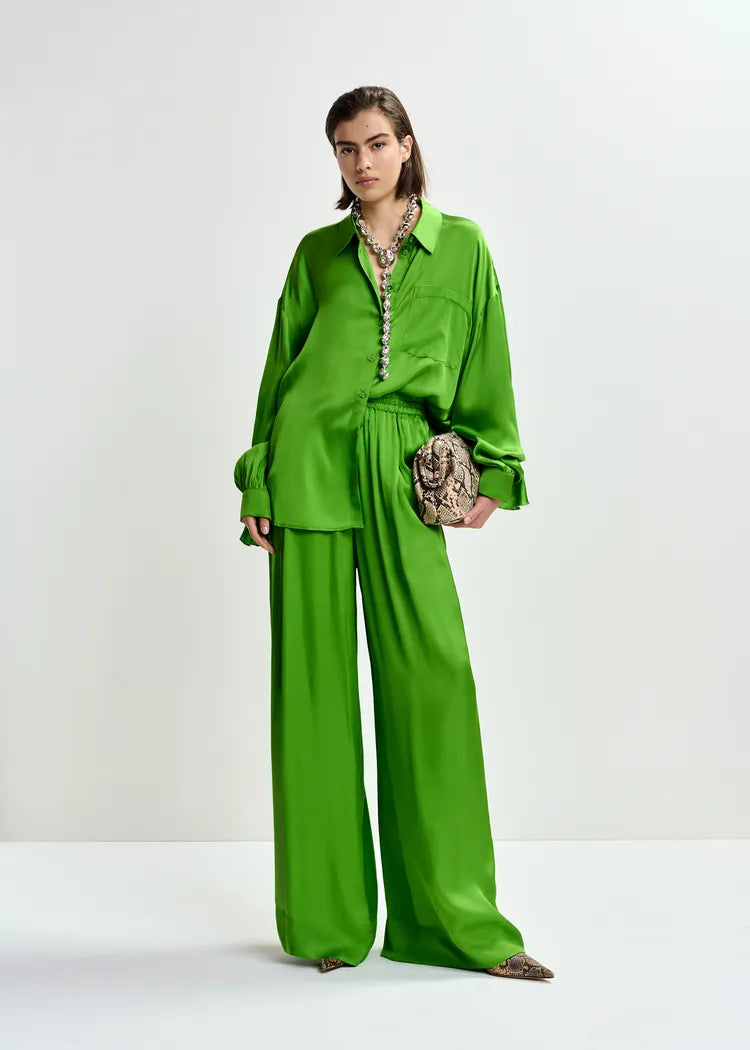 Essentiel Antwerp Green Fluid Oversized Blouse with Ruffle Trim