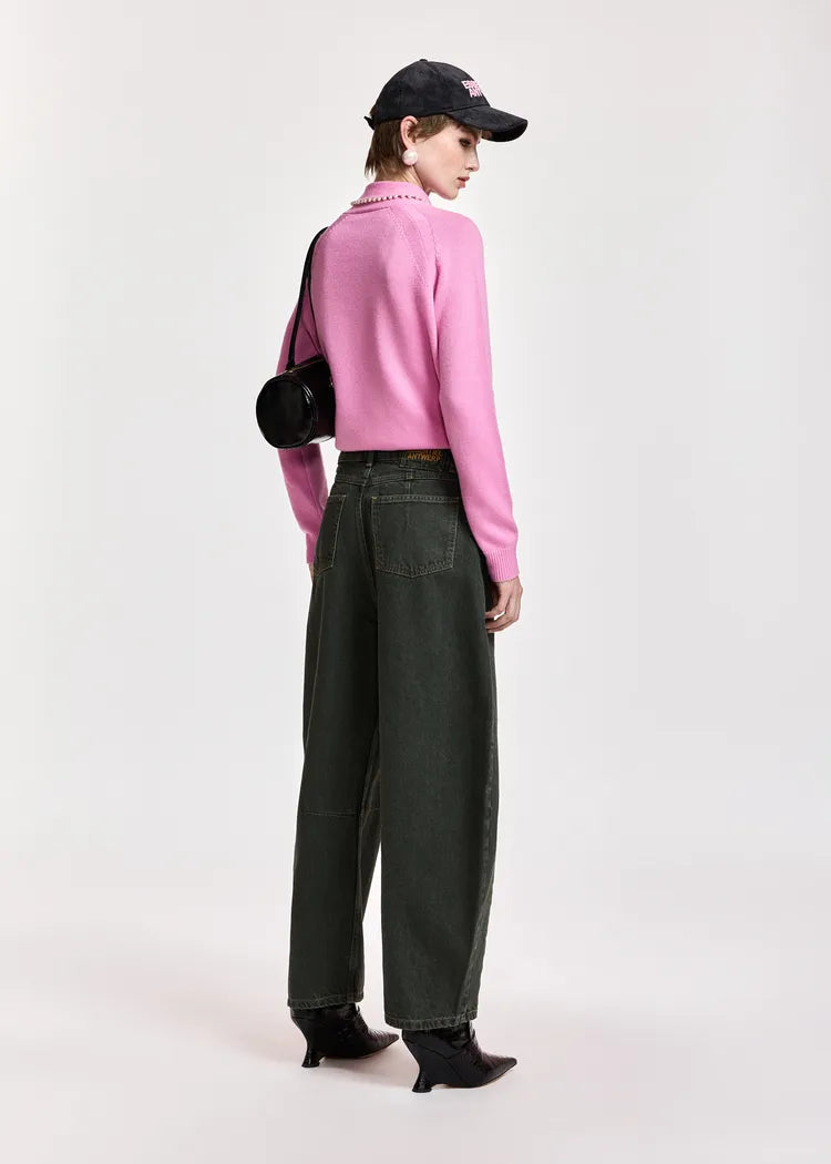 Essentiel Antwerp Pink Wool-Cashmere Jumper with Pearl-Embellished Bow Collar
