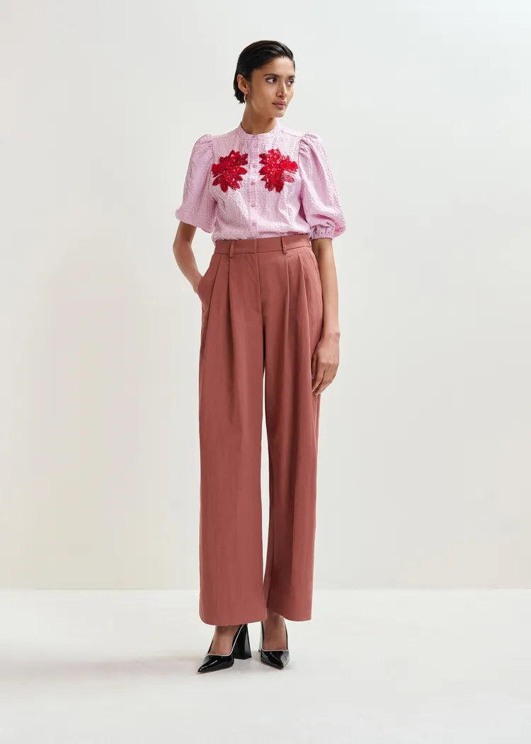 Essentiel Antwerp Lilac Shirt with Red/Terracotta Embellished Flower