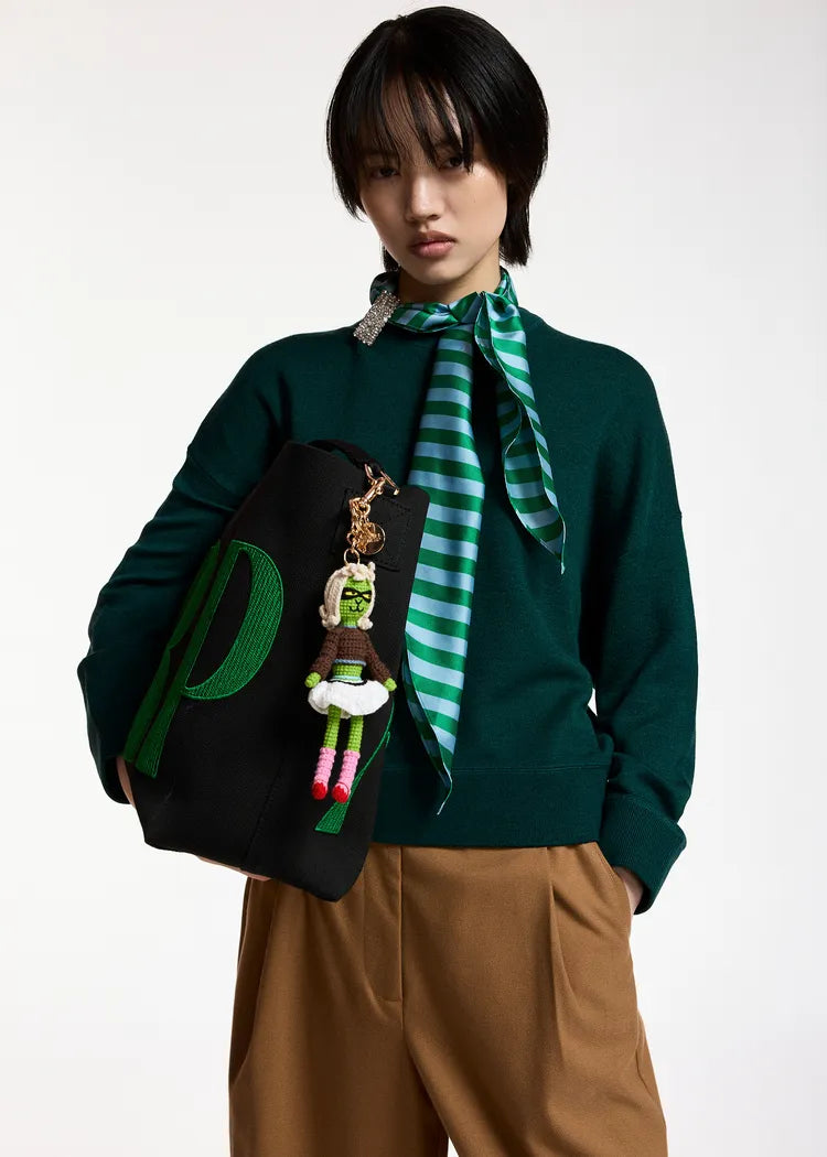 Essentiel Antwerp Forest Green Knit Sweatshirt with Striped Scarf & Brooch