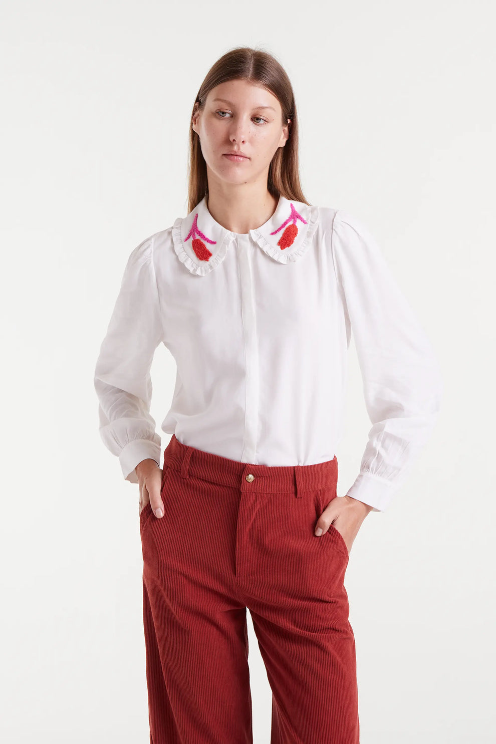 Compañia Fantastica White Blouse with Embroidered Peter Pan Collar