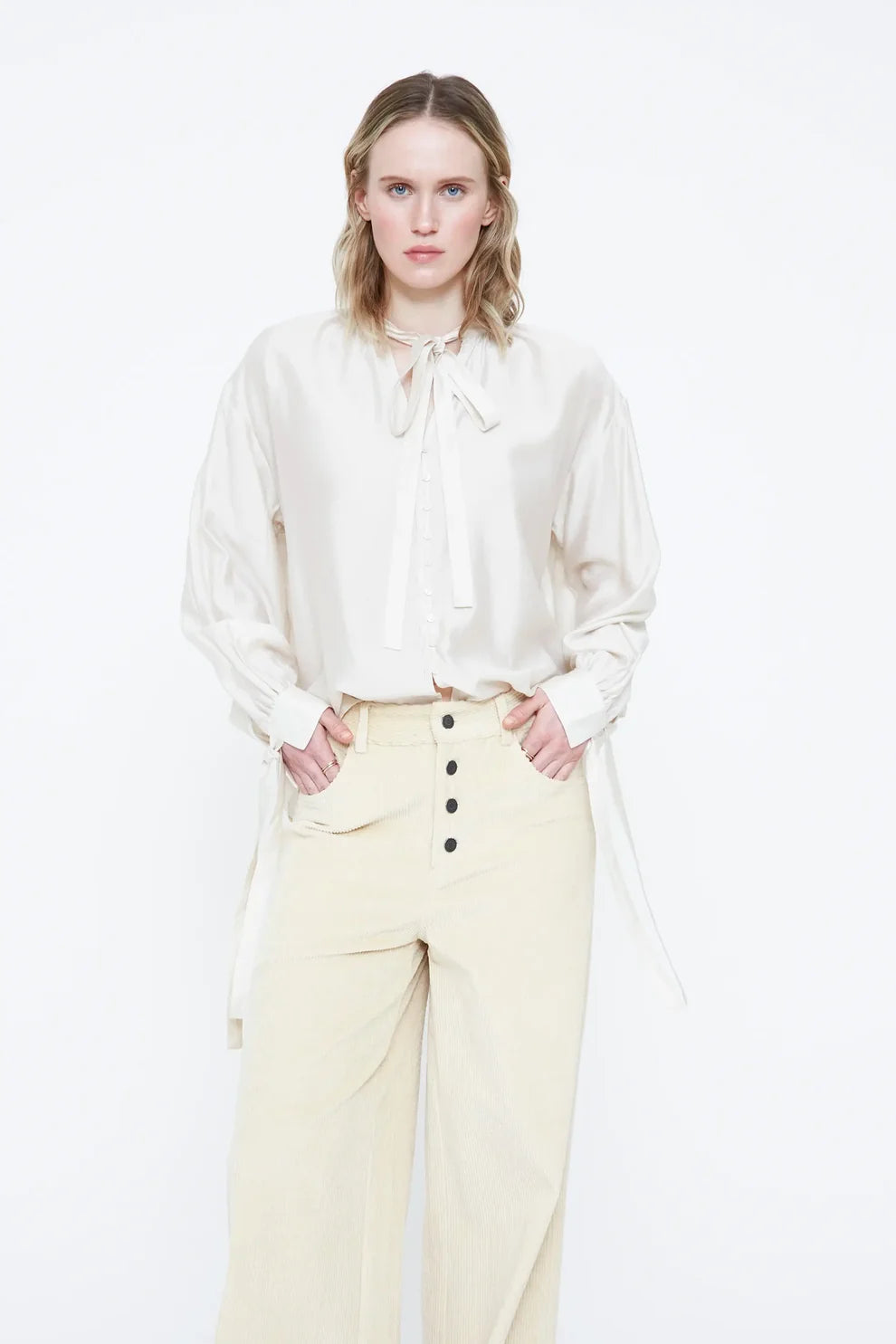 Wild Pony Ivory Satin Blouse with Tie Neck