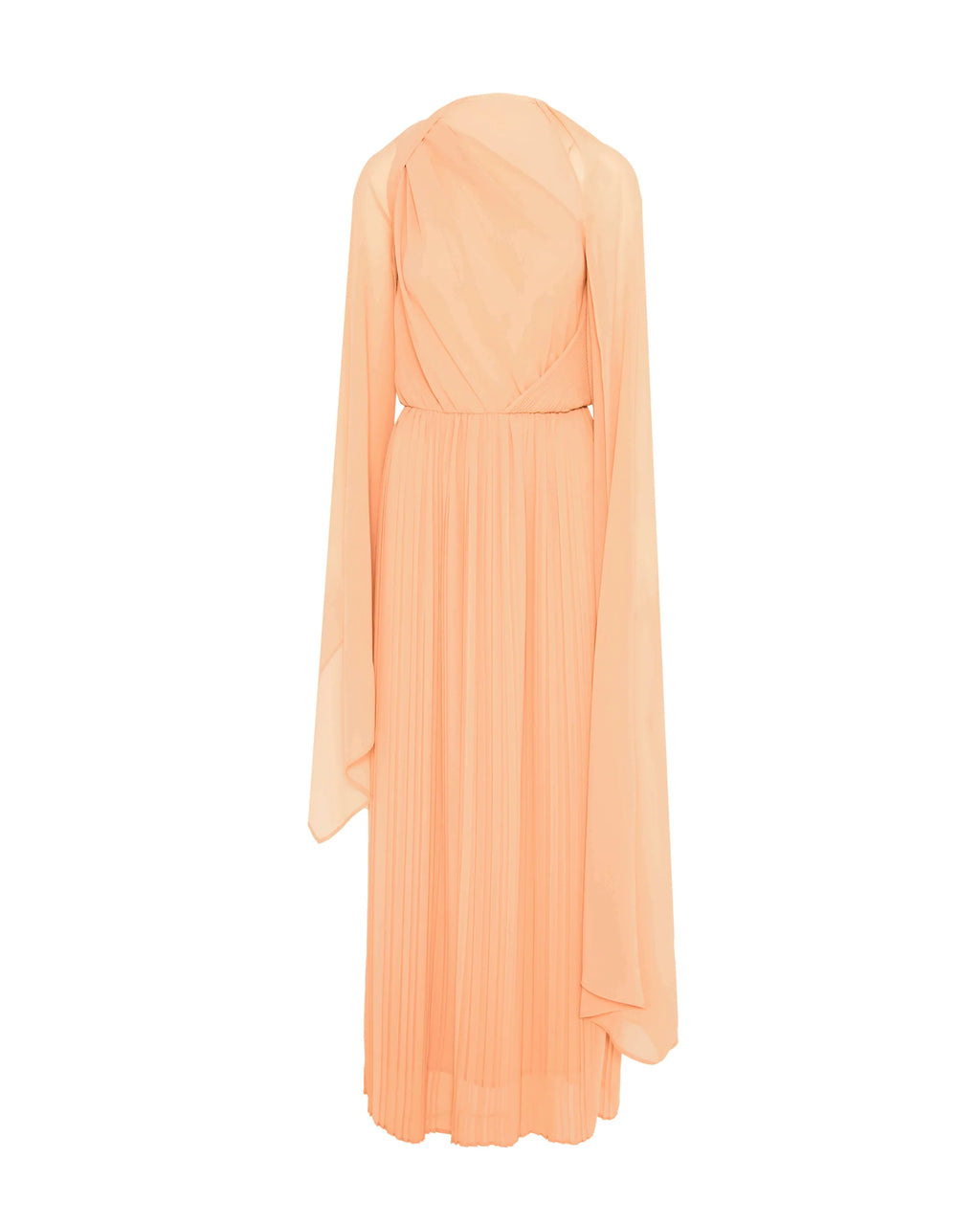 Beatrice B. Peach Chiffon Dress with Draped Bodice and Flowing Sleeves