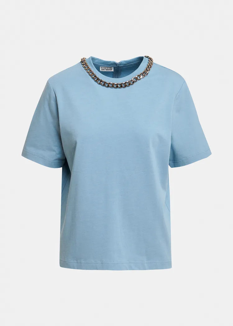 Essentiel Antwerp Light Blue Cotton T-Shirt with Chain Neckline