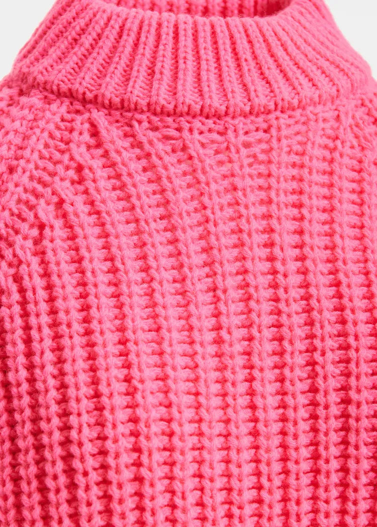 Essentiel Antwerp Neon Pink Chunky Turtleneck Knit with Voluminous Sleeves