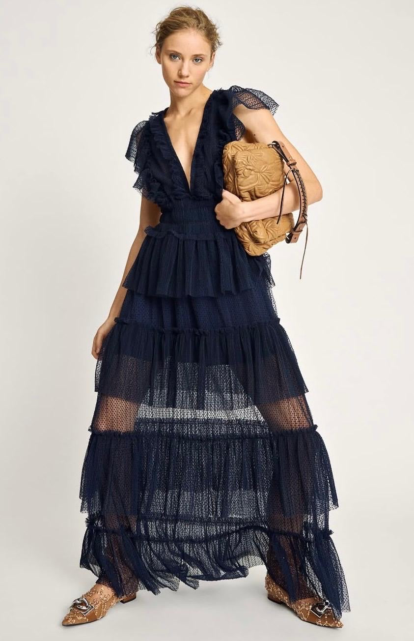 MUNTHE NORIZ Navy Tulle Maxi Dress with V-Neck