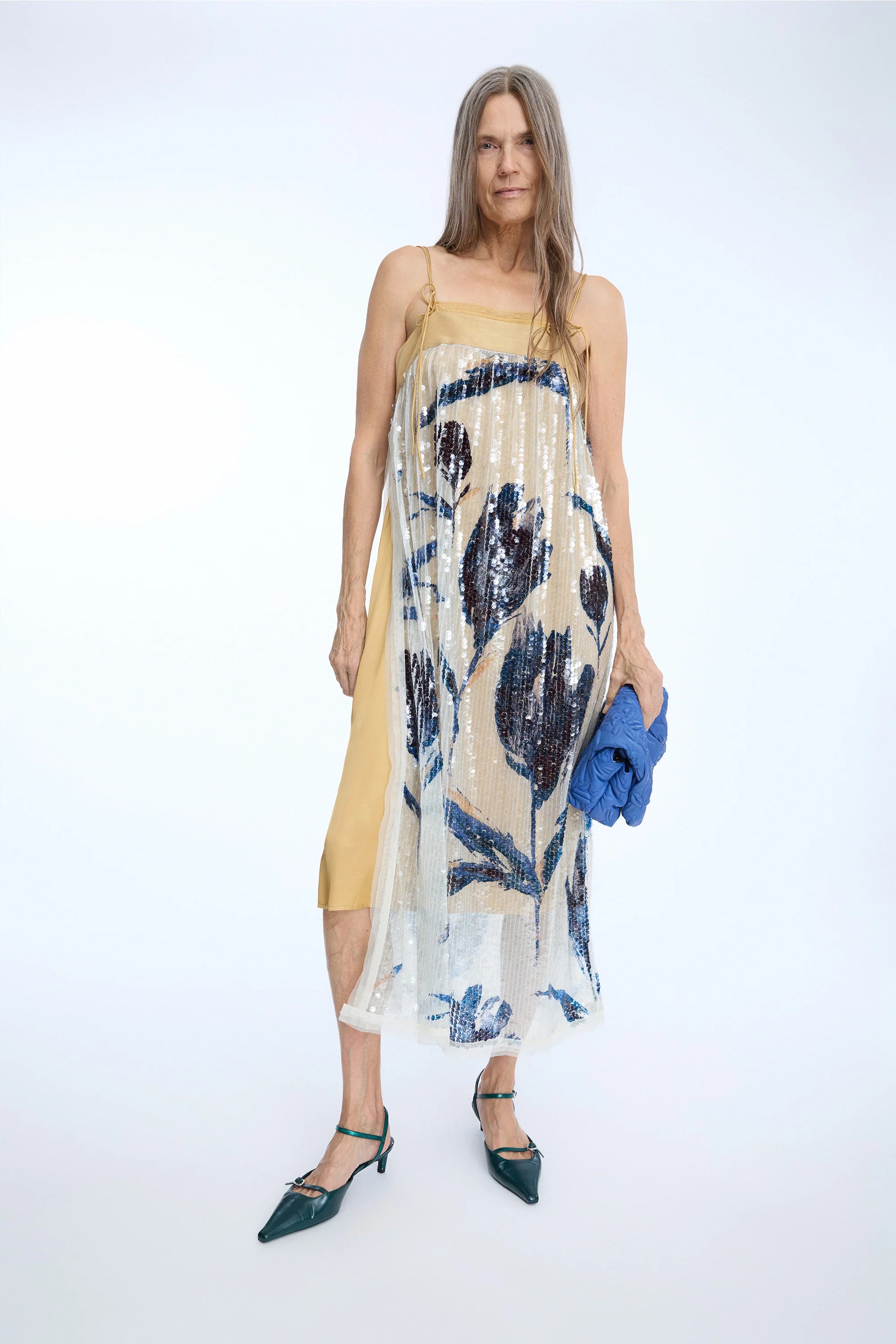MUNTHE NARA Sequin Dress with Floral Print and Spaghetti Straps