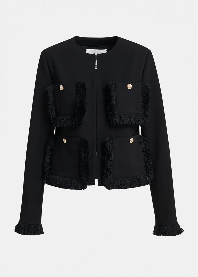 Essentiel Antwerp Black Utility Jacket with Fringe Details and Appliqué Pockets