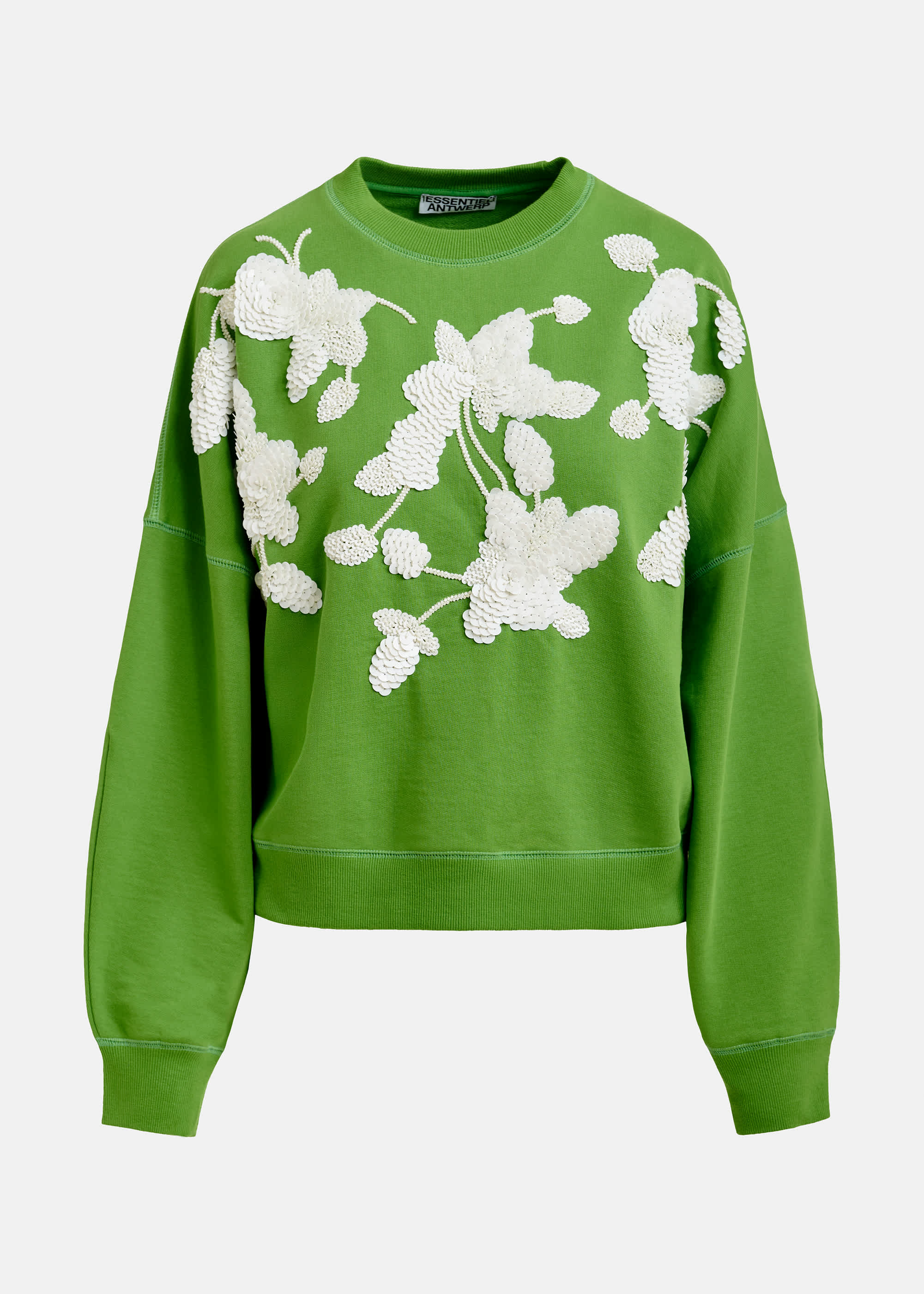 Essentiel Antwerp Green Cotton Sweatshirt with Floral Sequin Embroidery