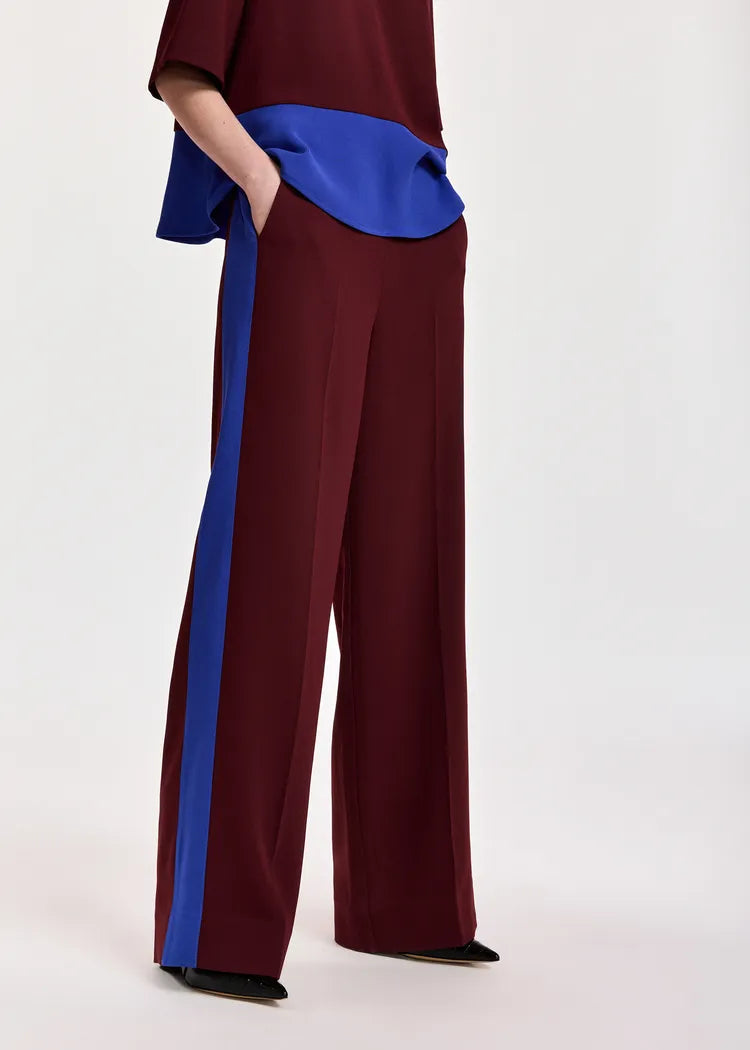 Essentiel Antwerp Burgundy Wide-Leg Pants with Cobalt Blue Side Panel