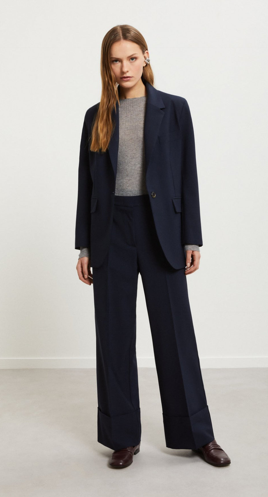 Ottod’Ame Navy Tailored wide leg Trousers with Cuff Hemline