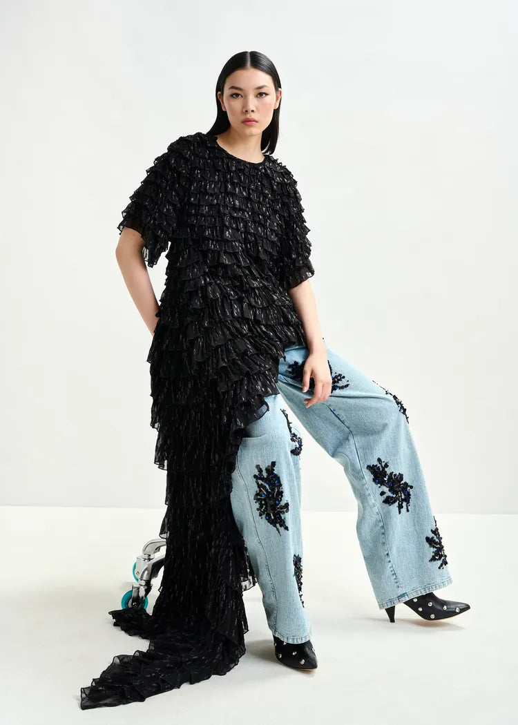 Essentiel Antwerp Black Ruffled Mini Dress with Train