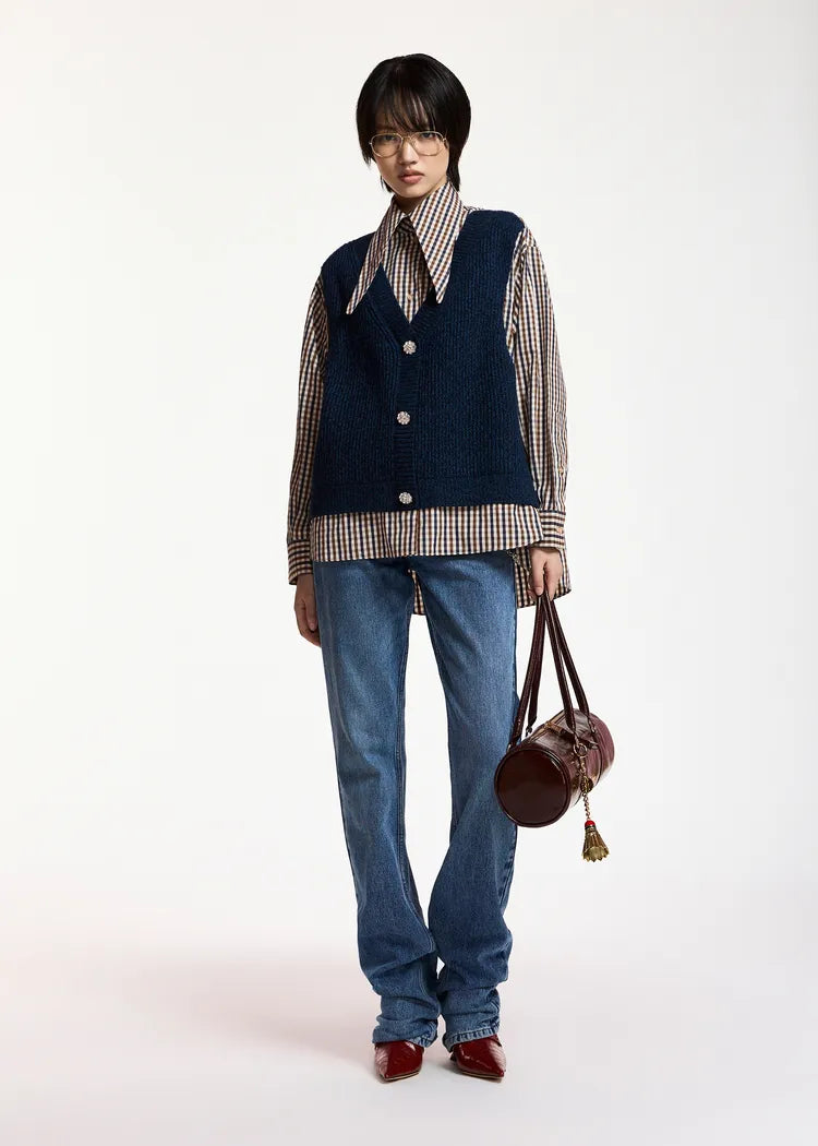 Essentiel Antwerp Shirt /Jumper with attached Navy 100% Wool waistcoat Knit