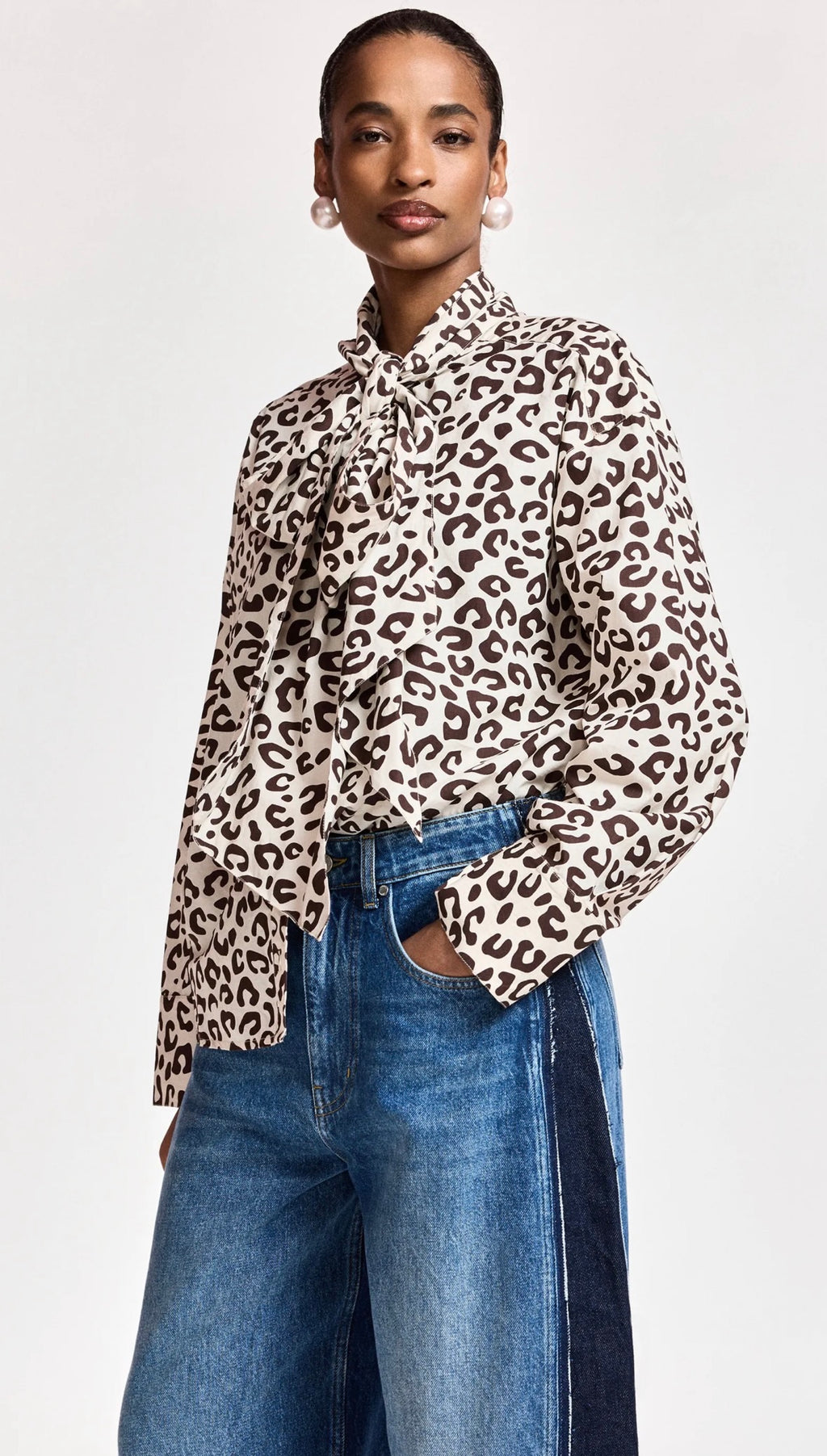 Essentiel Antwerp Cream Leopard Print Pussybow Blouse