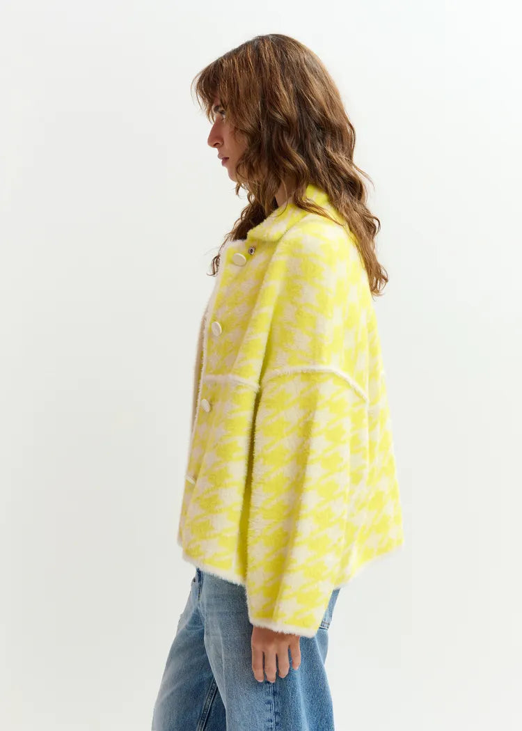 Essentiel Antwerp Lemon Houndstooth Fluffy Knit Jacket