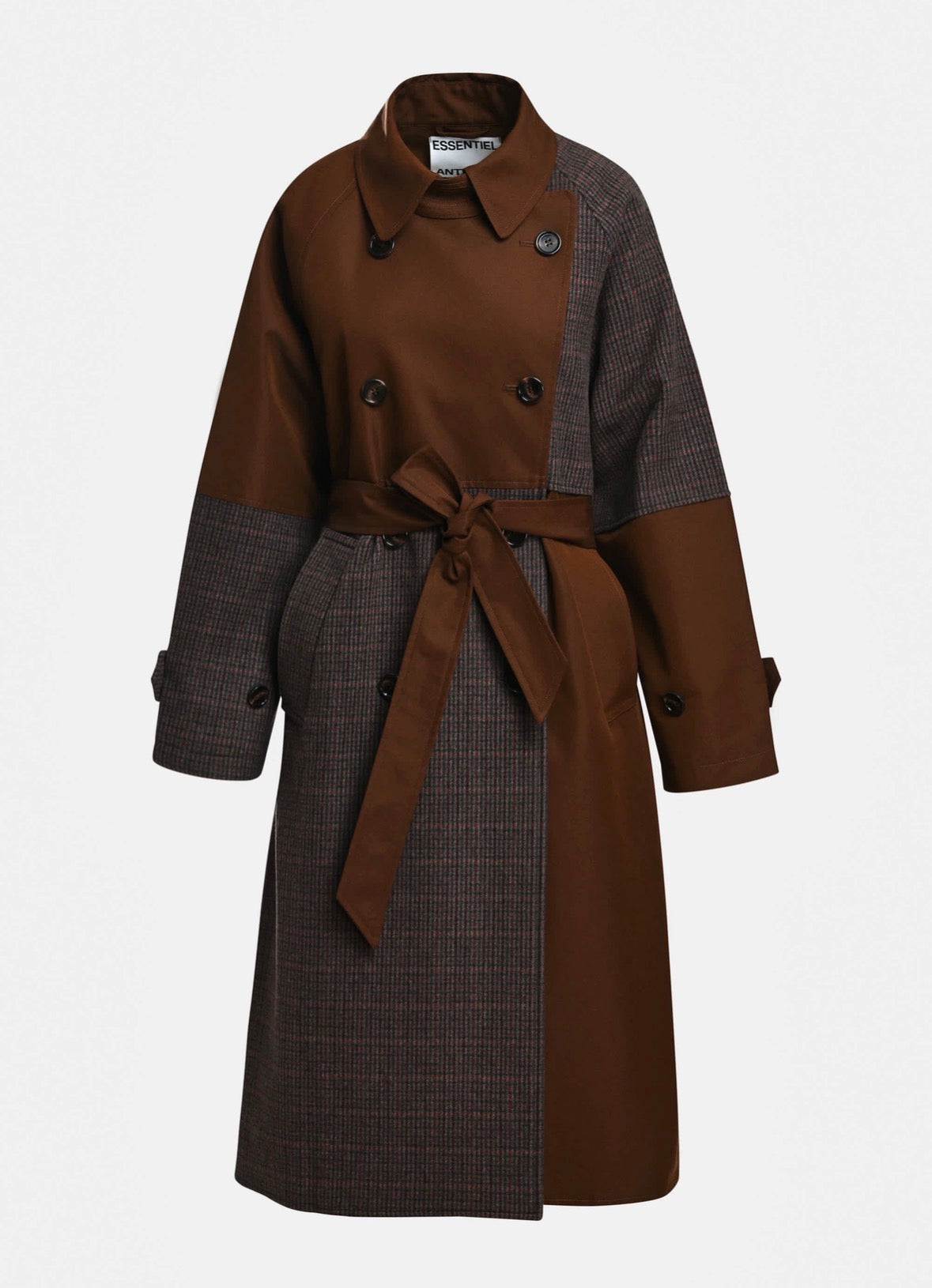 Essentiel Antwerp Brown and Tweed Colour Block Trench Coat