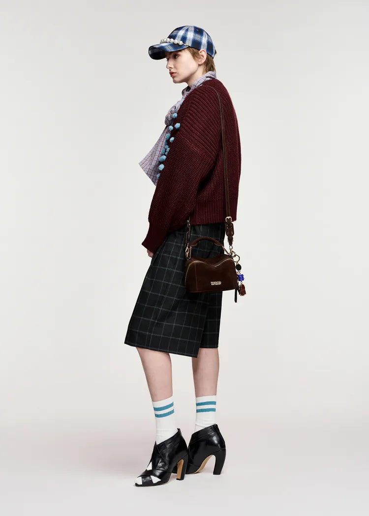 Essentiel Antwerp Wine Knit Jumper with Blue PomPoms