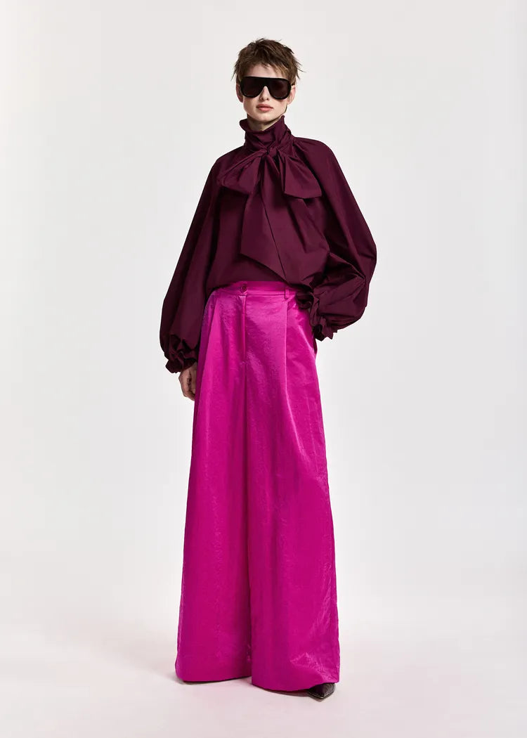 Essentiel Antwerp Burgunday Pussybow Top with Voluminous Sleeves