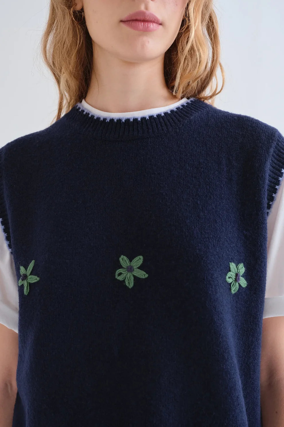 Compañia Fantástica Navy Knit Vest with Green Embroidered Flowers